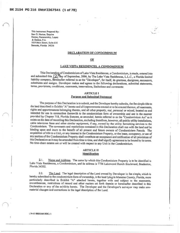 Lake Vista Condos Declaration